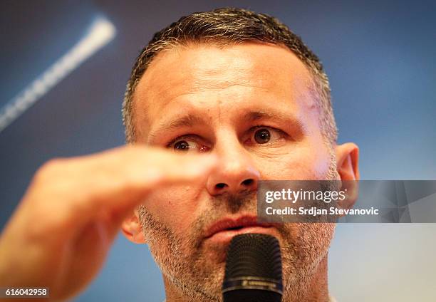 Ryan Giggs talk to the media during the UEFA Champions League Trophy Tour - by UniCredit press conference at UniCredit Head Quoters on October 21,...