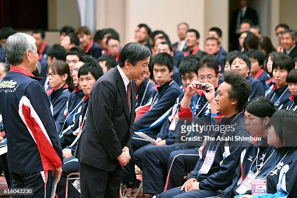 Crown Prince Naruhito attends a pep rally of Iwate Prefecture para athletes ahead of the national para-sports championships on October 21, 2016 in...