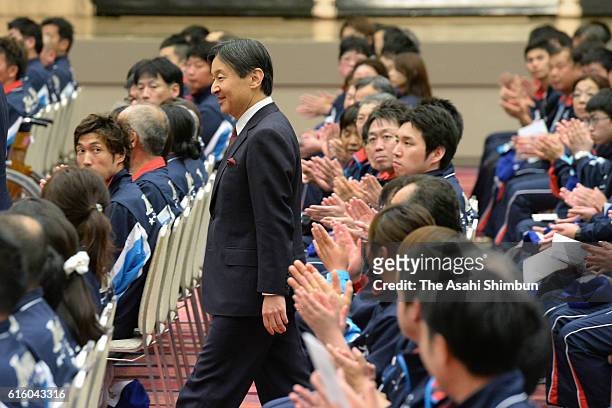 Crown Prince Naruhito attends a pep rally of Iwate Prefecture para athletes ahead of the national para-sports championships on October 21, 2016 in...
