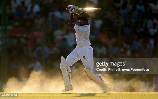 Shakib Al Hasan bats during the second day of the first test match between Bangladesh and England at Zohur Ahmed Chowdhury Stadium on October 21,...