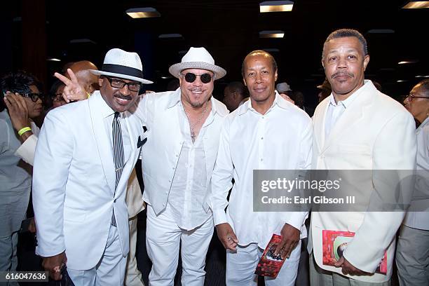 Roland Wirt, Howard Hewett, Vincent Calloway and Reggie Calloway attend the Kashif Memorial Service at The City Of Refuge on October 20, 2016 in...