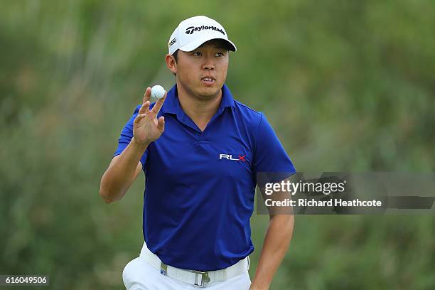 David Lipsky of USA celebrates a birdie putt on the 12th green during day two of the Portugal Masters at Victoria Clube de Golfe on October 21, 2016...