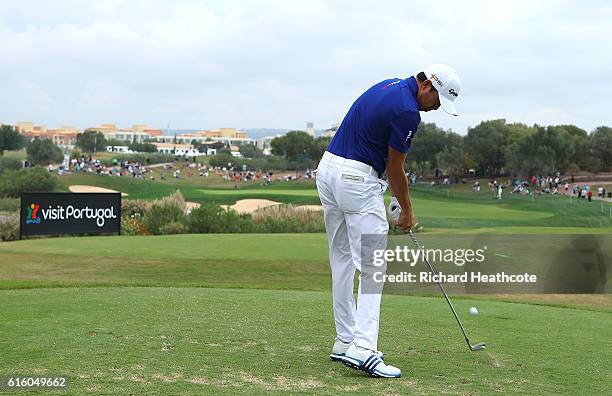 David Lipsky of USA tees off on the 13th hole during day two of the Portugal Masters at Victoria Clube de Golfe on October 21, 2016 in Vilamoura,...