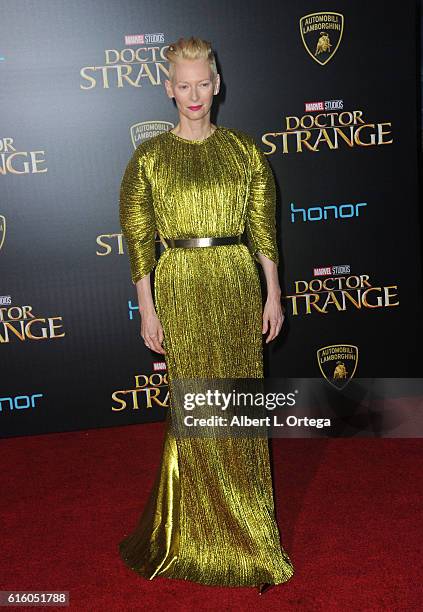 Actress Tilda Swinton arrives for the Premiere Of Disney And Marvel Studios' "Doctor Strange" held at the El Capitan Theatre on October 20, 2016 in...