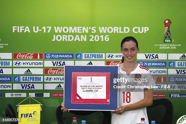 Eva Navarro of Spain poses for the camera with the Player of the Match award during the FIFA U-17 Women's World Cup Jordan 2016 Third Place Play-Off...