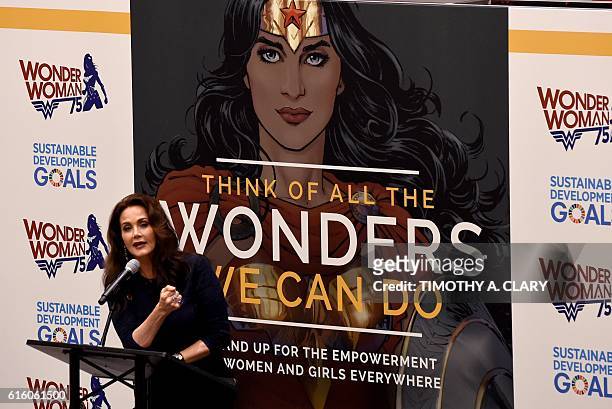 Actress Lynda Carter speaks during a ceremony as the UN names the comic character Wonder Woman its Honorary Ambassador for the Empowerment of Women...