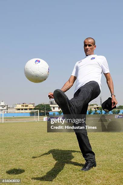 Brazilian former footballer Rivaldo interacting with young footballers, on October 21, 2016 in Greater Noida, India.