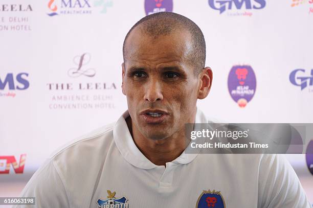 Rivaldo, a Brazilian former footballer, speaks during a press interaction at Greater Noida Stadium on October 21, 2016 in Greater Noida, India.