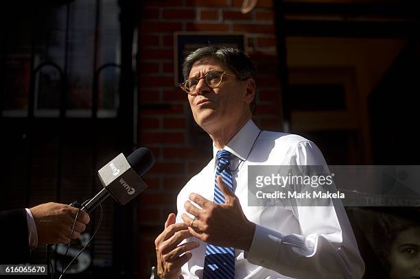 Treasury Secretary Jacob Lew addresses the media after visiting the Marian Anderson Residence Museum to discuss her inclusion on the $5 bill October...