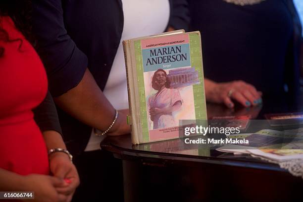 Book about opera singer and civil rights activist Marian Anderson is displayed as Treasury Secretary Jacob Lew visits the Marian Anderson Residence...