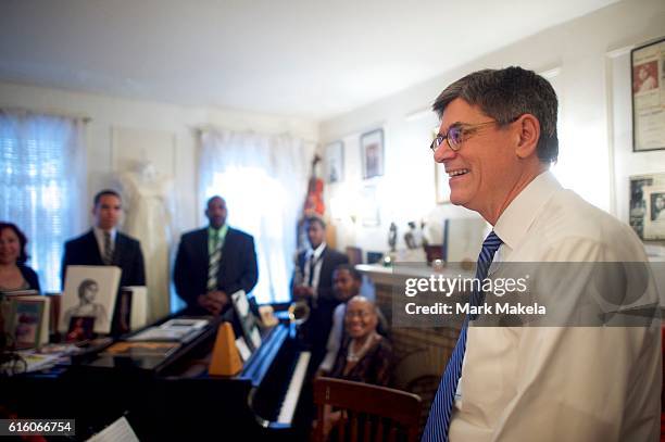 Treasury Secretary Jacob Lew visits the Marian Anderson Residence Museum to discuss her inclusion on the $5 bill October 21, 2016 in Philadelphia,...