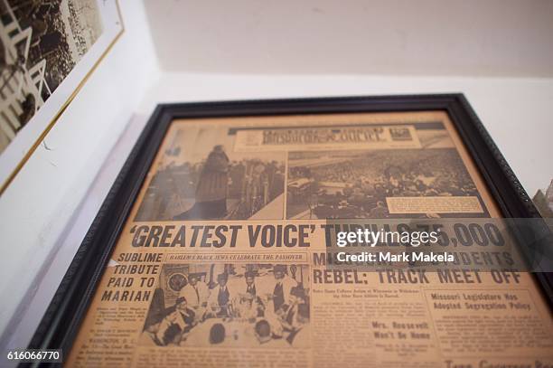 Newspaper with a headline stating "Greatest Voice Thrills 75,000" describes opera singer and civil rights activist Marian Anderson as Treasury...