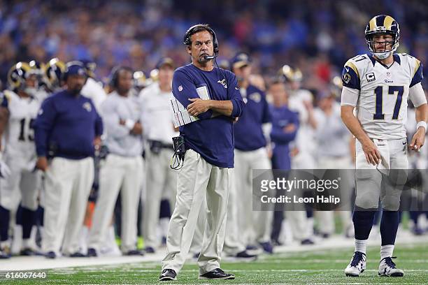 Los Angeles Rams head coach Jeff Fisher watches the action during the fourth quarter of the game against the Detroit Lions on October 16, 2016 in...