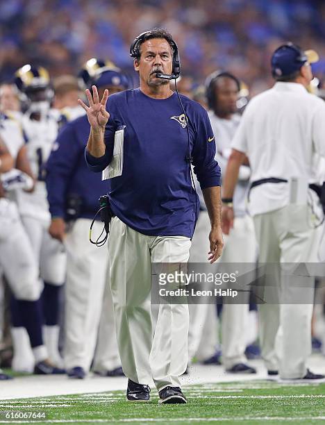 Los Angeles Rams head coach Jeff Fisher watches the action during the fourth quarter of the game against the Detroit Lions on October 16, 2016 in...