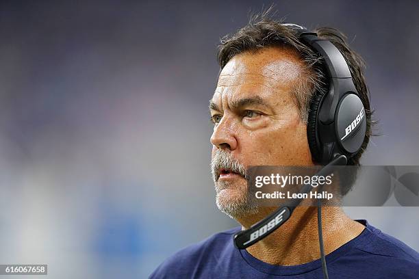 Head coach Jeff Fisher of the Los Angeles Rams watches his team against the Detroit Lions at Ford Field on October 16, 2016 in Detroit, Michigan. The...