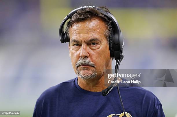 Head coach Jeff Fisher of the Los Angeles Rams watches his team against the Detroit Lions at Ford Field on October 16, 2016 in Detroit, Michigan. The...