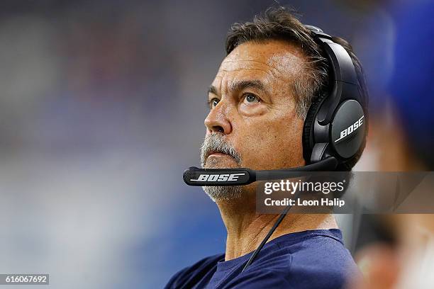 Head coach Jeff Fisher of the Los Angeles Rams watches his team against the Detroit Lions at Ford Field on October 16, 2016 in Detroit, Michigan. The...