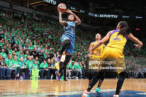 Seimone Augustus of the Minnesota Lynx drives to the basket against the Los Angeles Sparks during Game Five of the 2016 WNBA Finals on October 20,...