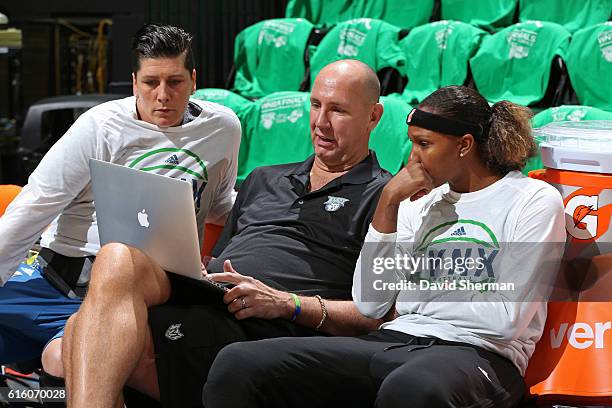 Jim Petersen watches film with Janel McCarville and Rebekkah Brunson of the Minnesota Lynx before Game Five of the 2016 WNBA Finals against the Los...