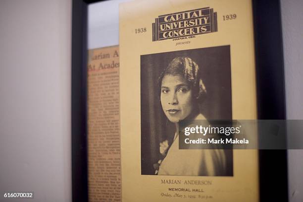 Concert poster of opera singer and civil rights activist Marian Anderson is displayed as Treasury Secretary Jacob Lew visits the Marian Anderson...