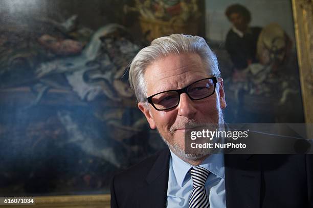 Jan Fabre listens journalists at the opening of his exhibition &quot;Jan Fabre: Knight of Despair / Warrior of Beauty&quot; in the Hermitage Museum,...