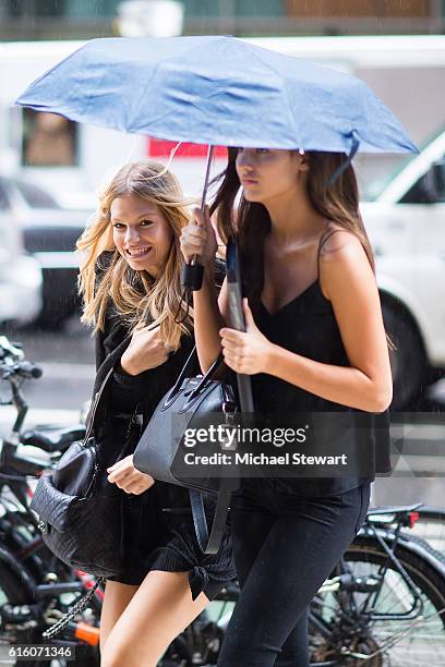 Models Nadine Leopold and Gabby Westbrook attend the 2016 Victoria's Secret Fashion Show castings on October 21, 2016 in New York City.
