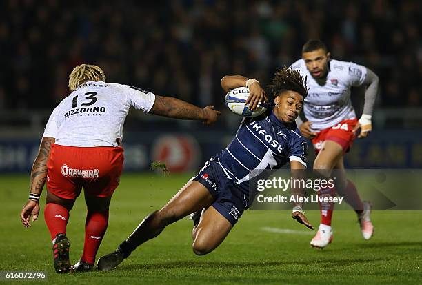 Paolo Odogwu of Sale Sharks runs at Mathieu Bastareaud of RC Toulon during the European Rugby Champions Cup match between Sale Sharks and RC Toulonon...