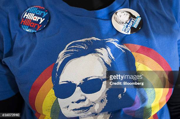 An attendee wears a shirt in support of Hillary Clinton, 2016 Democratic presidential nominee, during a campaign event in Cleveland, Ohio, U.S., on...