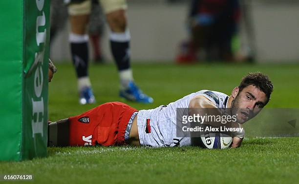 Charles Ollivon of RC Toulon scores the opening try during the European Rugby Champions Cup match between Sale Sharks and RC Toulonon at AJ Bell...