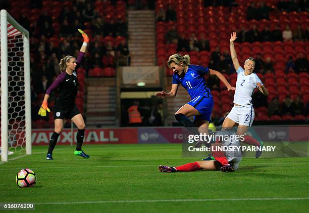 France's Claire Lavogez is stopped short of England's goal during the women's international friendly football match between England and France at the...