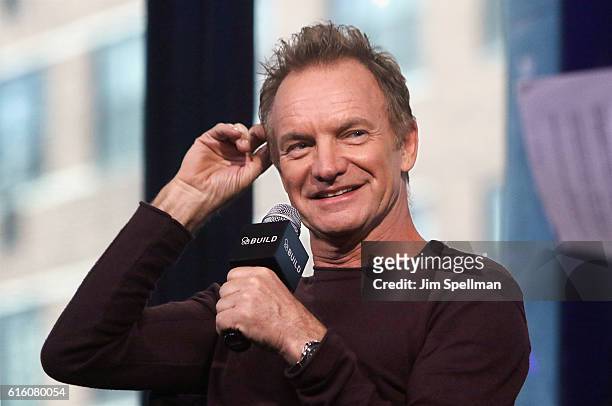 Singer/songwriter Sting attends The Build Series Presents to discuss his new album "57th & 9th" at AOL HQ on October 21, 2016 in New York City.