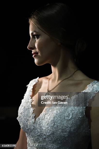 Model backstage ahead of the Ezra show during Fashion Forward Spring/Summer 2017 at the Dubai Design District on October 21, 2016 in Dubai, United...