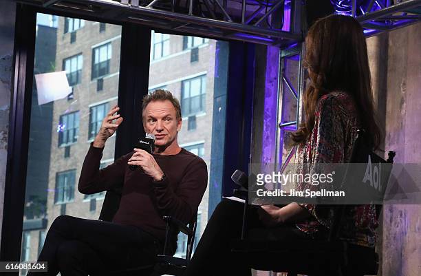 Singer/songwriter Sting and reporter Shanon Cook attends The Build Series Presents to discuss his new album "57th & 9th" at AOL HQ on October 21,...