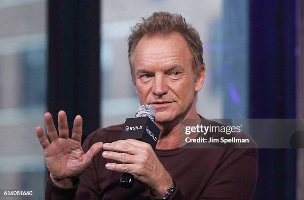 Singer/songwriter Sting and reporter Shanon Cook attends The Build Series Presents to discuss his new album "57th & 9th" at AOL HQ on October 21,...