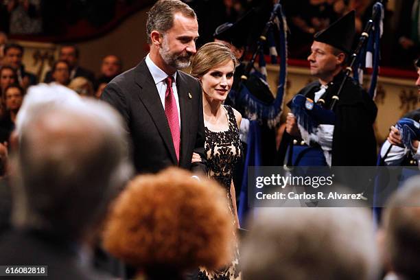 King Felipe VI of Spain and Queen Letizia of Spain attend the Princesa de Asturias Awards 2016 ceremony at the Campoamor Theater on October 21, 2016...