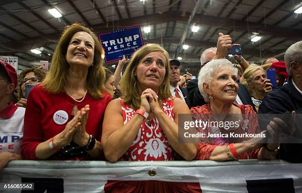 Rochelle Pasquariello, center, cries while watching Republican presidential nominee Donald Trump at a campaign rally on October 21, 2016 in Newtown,...