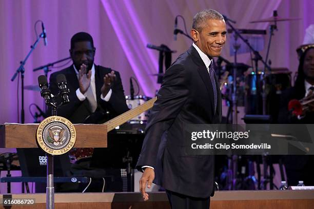 President Barack Obama delivers remarks during the BET's 'Love and Happiness: A Musical Experience" in a tent on the South Lawn of the White House...