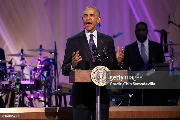 President Barack Obama delivers remarks during the BET's 'Love and Happiness: A Musical Experience" in a tent on the South Lawn of the White House...