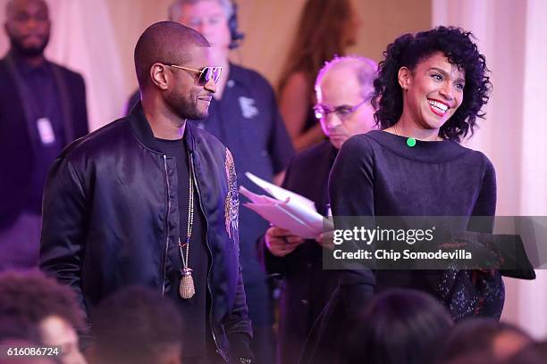 Music artist Usher arrives for the BET's 'Love and Happiness: A Musical Experience" in a tent on the South Lawn of the White House October 21, 2016...