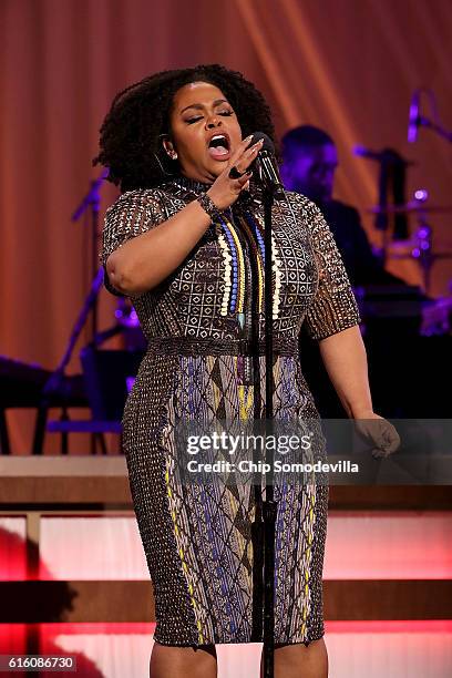 Music artist Jill Scott performs during the BET's 'Love and Happiness: A Musical Experience" in a tent on the South Lawn of the White House October...