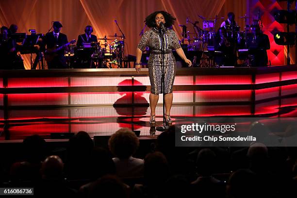 Music artist Jill Scott performs during the BET's 'Love and Happiness: A Musical Experience" in a tent on the South Lawn of the White House October...