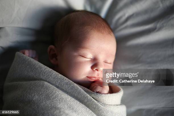 a new born baby girl sleeping - infant photos et images de collection