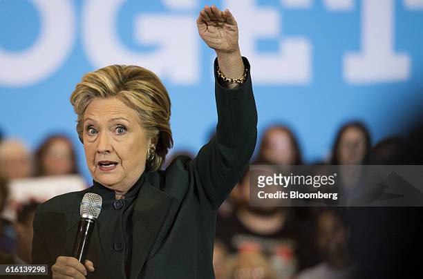 Hillary Clinton, 2016 Democratic presidential nominee, speaks during a campaign event in Cleveland, Ohio, U.S., on Friday, Oct. 21, 2016. Just 24...