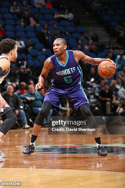 Rasheed Sulaimon of the Charlotte Hornets handles the ball during a preseason game against the Minnesota Timberwolves on October 21, 2016 at the...