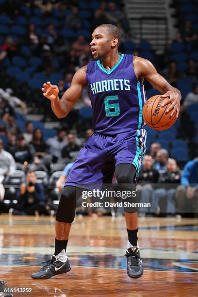 Rasheed Sulaimon of the Charlotte Hornets handles the ball during a preseason game against the Minnesota Timberwolves on October 21, 2016 at the...