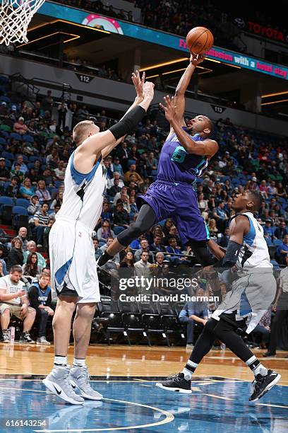 Rasheed Sulaimon of the Charlotte Hornets goes up for a shot during a preseason game against the Minnesota Timberwolves on October 21, 2016 at the...