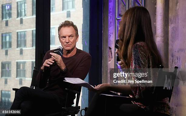 Singer/songwriter Sting and reporter Shanon Cook attends The Build Series Presents to discuss his new album "57th & 9th" at AOL HQ on October 21,...