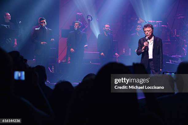 Frankie Valli And The Four Seasons perform at "Frankie Valli And The Four Seasons" Broadway Opening Night at Lunt-Fontanne Theatre on October 21,...