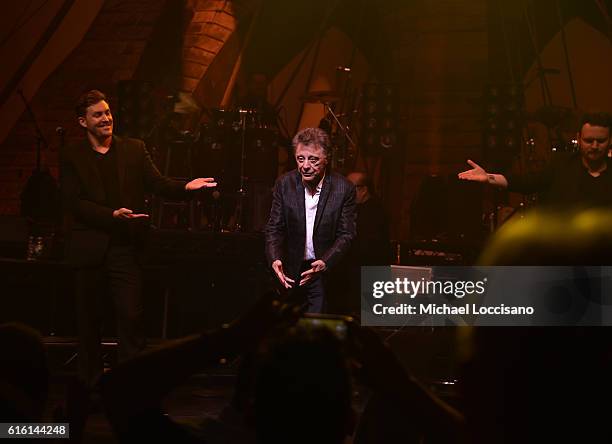 Frankie Valli And The Four Seasons greet audience during a curtain call at "Frankie Valli And The Four Seasons" Broadway Opening Night at...