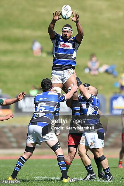 Malakai Volau of Wanganui takes a lineout during the Heartland Meads Cup match between Wanganui and Wairarapa Bush on October 22, 2016 in Wanganui,...